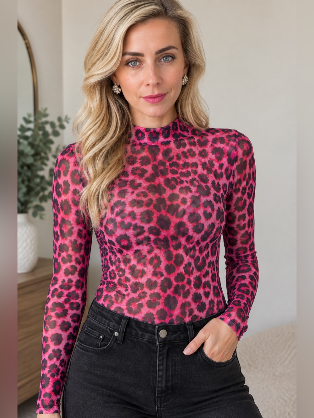 Women’s Hot Pink & Black Leopard Print Mesh Long Sleeve Top